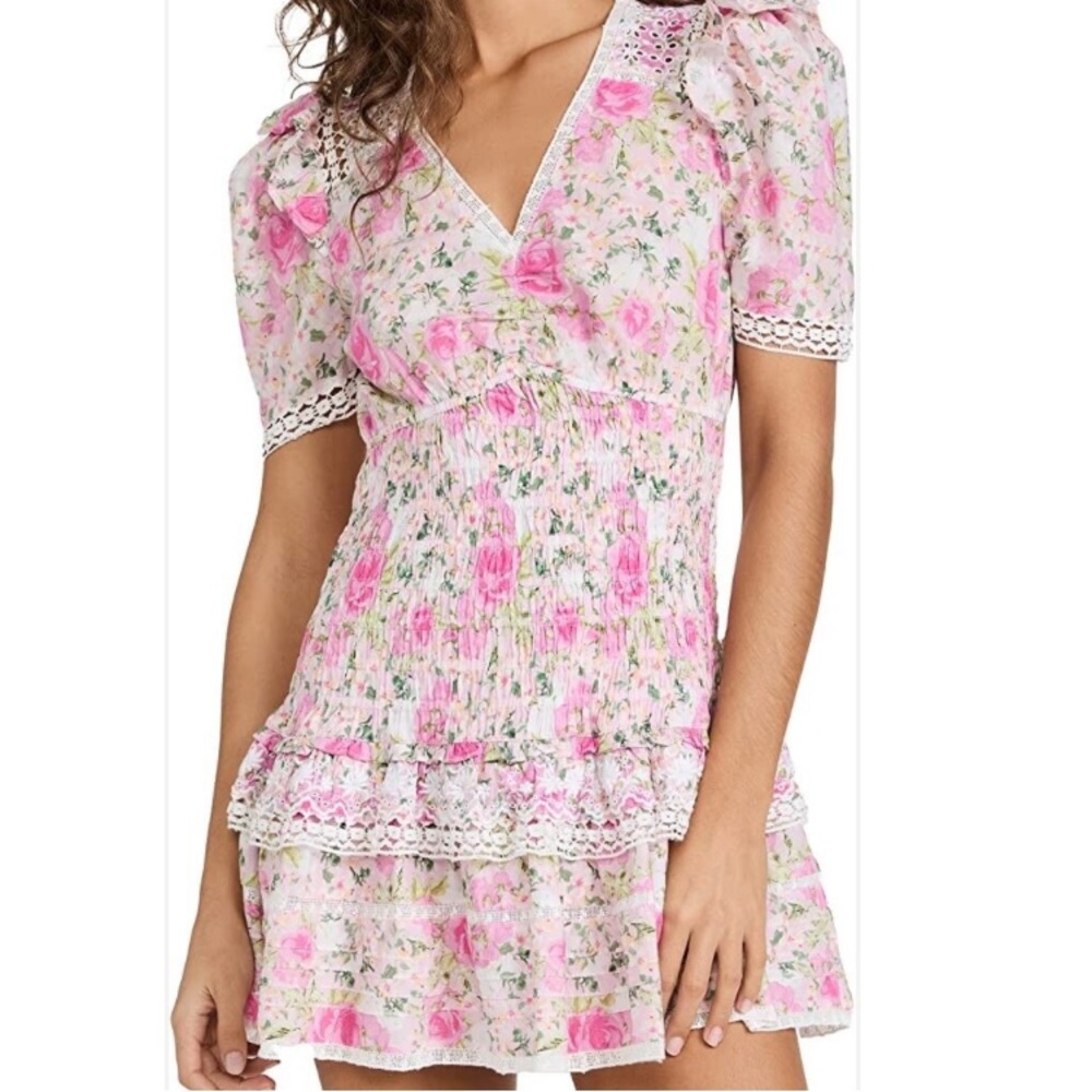 LoveShackFancy Rena pink floral dress ruched and v neck super flattering size L